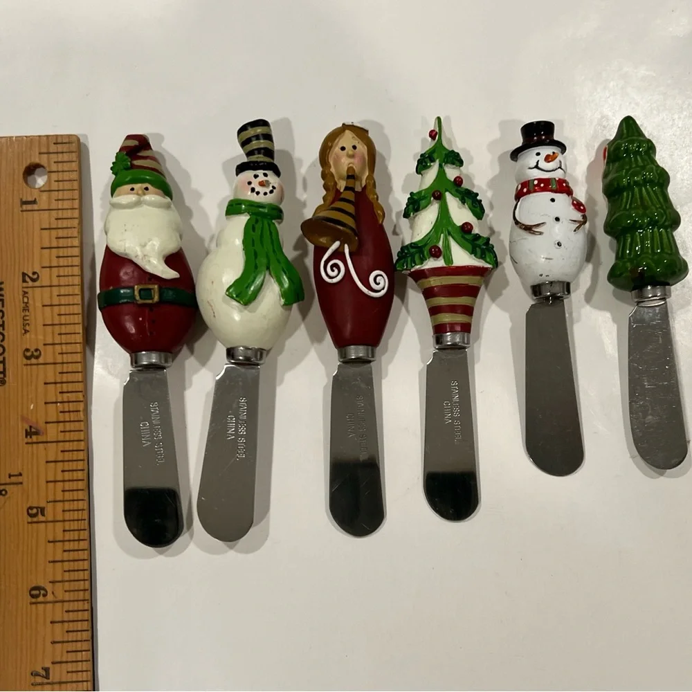 VTG Christmas Set Of 6 Butter/Cheese Spreaders Stainless Steel FlAWED